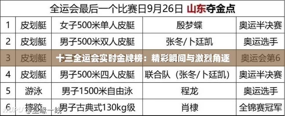 十三全运会实时金牌榜：精彩瞬间与激烈角逐